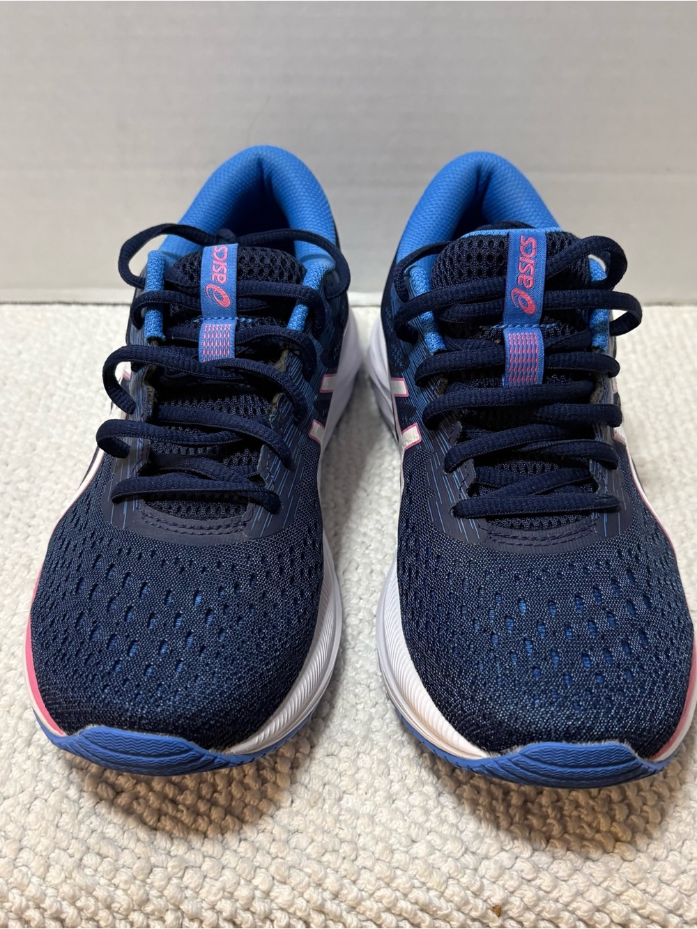 ASICS Navy Blue Athletic Running Shoes with Pink Accents